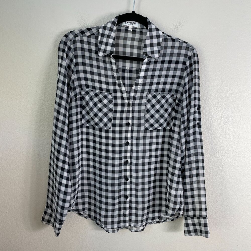 Express Portofino Shirt Womens Small Black White Gingham Roll Tab Sleeve Blouse